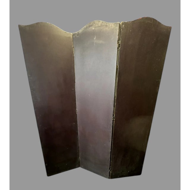 Antique Hand Painted Floral Decorated Folding Leather Dressing Screen For Sale - Image 6 of 9