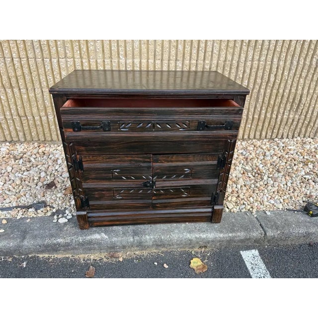 Vintage Art & Craft Style Hand Painted Dark Stained Cabinet. For Sale In Washington DC - Image 6 of 15