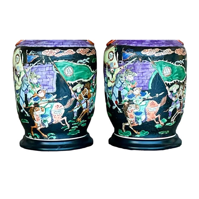 Vintage Chinoiserie Hand-Painted Ceramic Figural Table Lamps – A Pair For Sale - Image 9 of 12