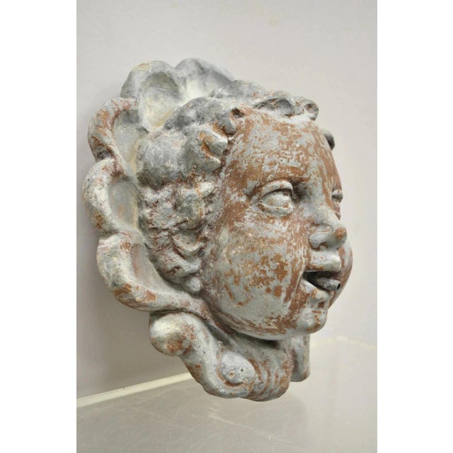 Metal Antique French Neoclassical Small Lead Cherub Head Garden Wall Fountain For Sale - Image 7 of 10