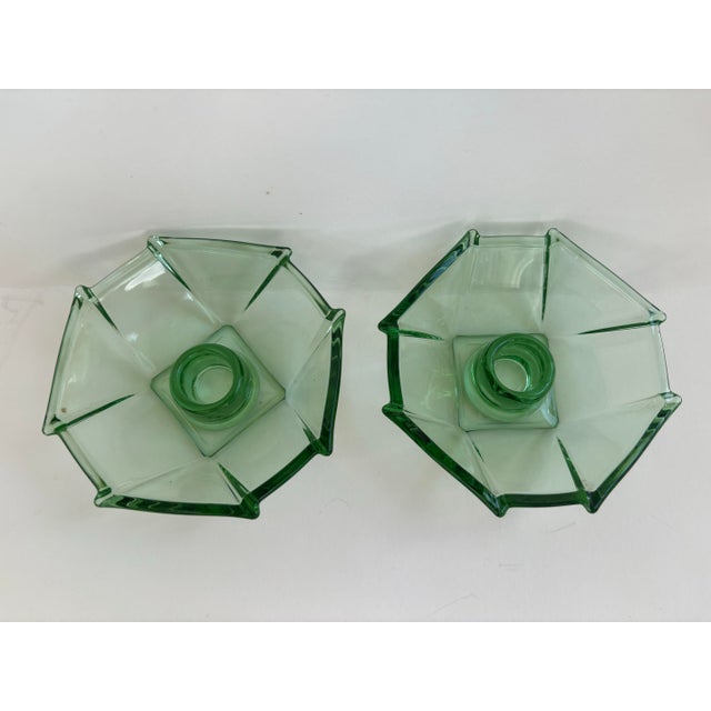 Neon Green Pair of Art Deco Uranium Glass Geometric Candlesticks, Octagonal Form For Sale - Image 8 of 8