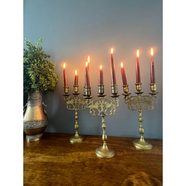 Vintage Brass 3 Arms Shabbat Candelabra For Sale - Image 10 of 12