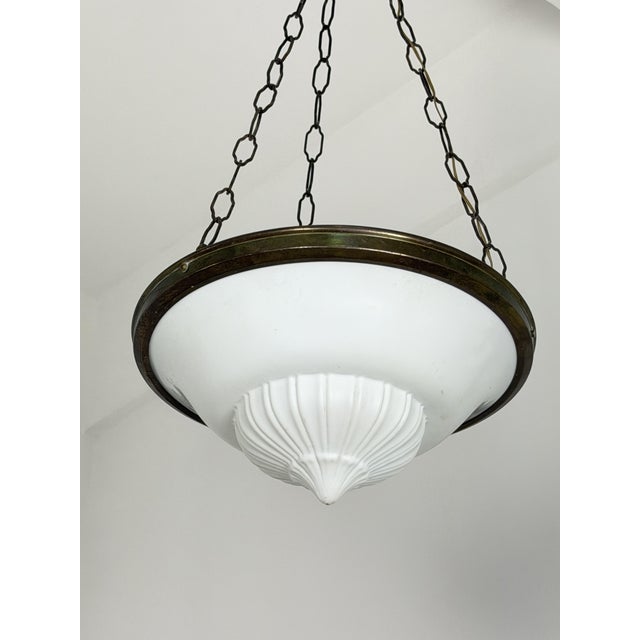1940s Art Deco Pendant Lamp in Brass and Milk Glass, 1940s For Sale - Image 5 of 10