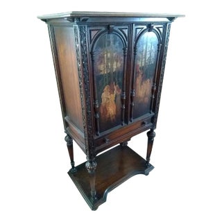 Antique Wood Revival Cabinet With Painted Doors For Sale