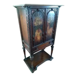 Antique Wood Revival Cabinet With Painted Doors
