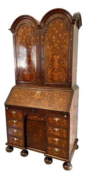 Antique William and Mary Burr Walnut Inlaid Marquetry Double Dome Bureau Bookcase, 1680