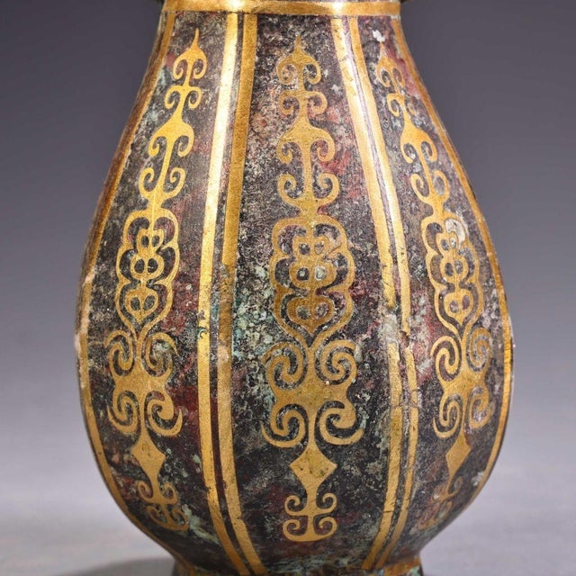 Bronze Bronze Vase With Gold Inlay, Archaic Style Arrow Ear Hu Vessel, Chinoiserie Tabletop Bronze Decor For Sale - Image 8 of 10