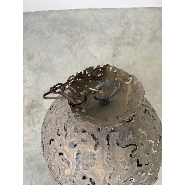 Brass 1970s Vintage Tom Greene Brutalist Torch-Cut Brass Hanging Light Fixture For Sale - Image 8 of 12