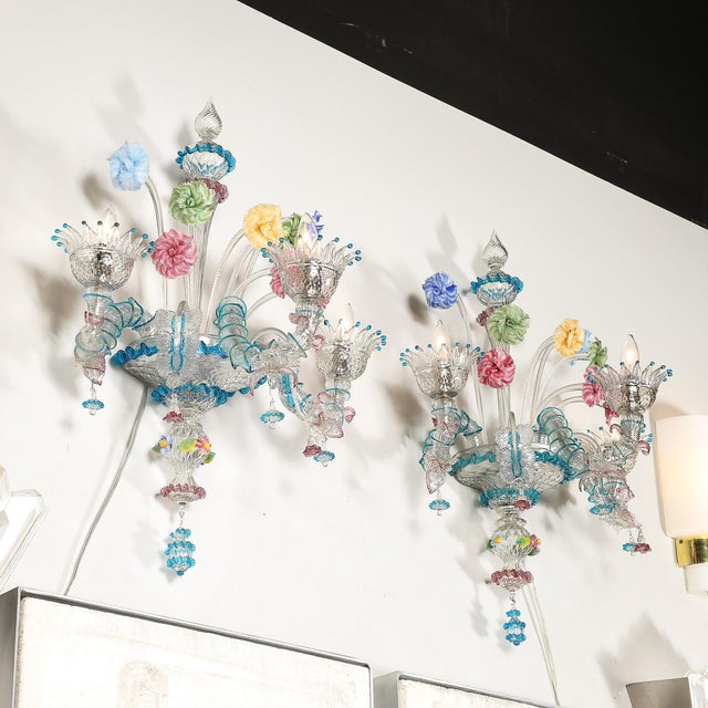 1950s Mid-Century Hand-Blown Murano 3-Arm Classical Wall Sconces - a Pair For Sale - Image 14 of 18