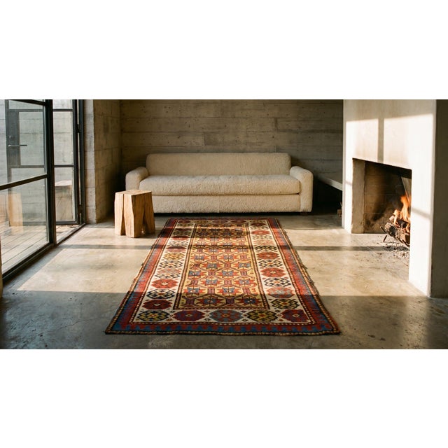 Late 19th Century 1890s Yellow Geometric Rustic Antique Caucasian Moghan Rug 3'2" X 8'10" Handknotted Wool Carpet For Sale - Image 5 of 7