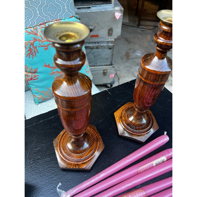 Rustic 1970s Country Core Pair of Wooden Candleholders and Pink Candles For Sale - Image 3 of 11