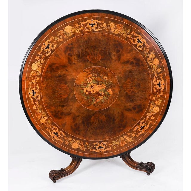 Antique Victorian Burr Walnut and Floral Marquetry Loo Table, 1800s For Sale - Image 3 of 16