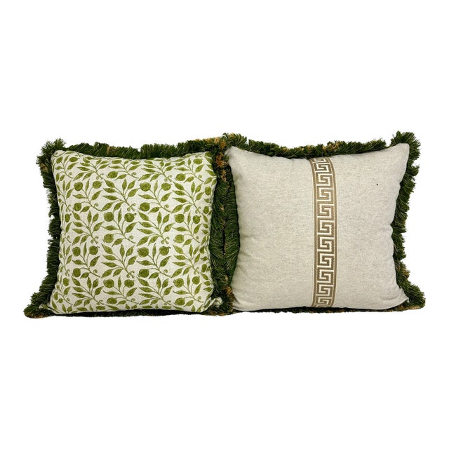 Sanderson Morris & Co. Rosehip Thyme Print on the front. Cream linen with beige vertical Greek key embroidered tape on the...