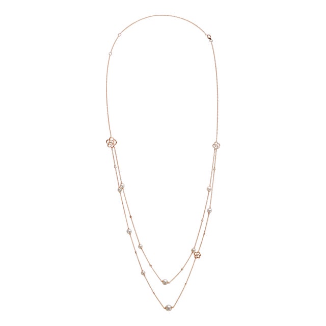 18K Rose Gold 1/2 Cttw Diamond and Freshwater Pearl Double Strand Station Necklace (G-H Color, SI1-SI2 Clarity) - Adjustable up to 16" to 20" For Sale