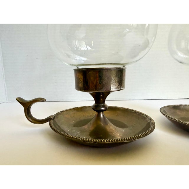 English Pair of Vintage Chamberstick Candle Holders With Glass Chimneys and Finger Handles For Sale - Image 3 of 8