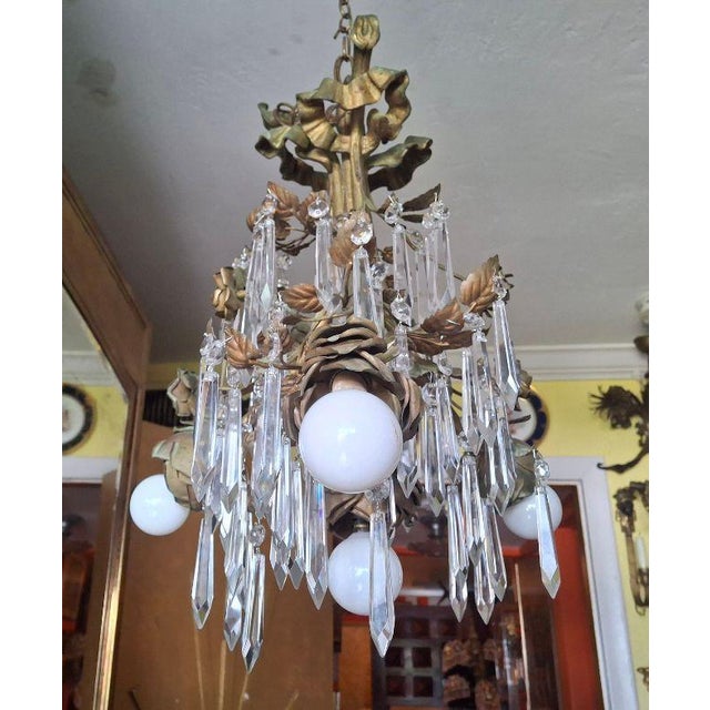 1940s 1940's Hollywood Regency Gilt & Verdigris Bronze, Crystal & Tole Floral Pendant/ Chandelier For Sale - Image 5 of 18
