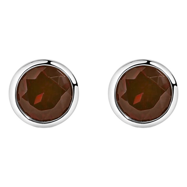 .925 Sterling Silver 6MM Bezel Set Created Red Garnet Solitaire Stud Earrings, A Pair For Sale