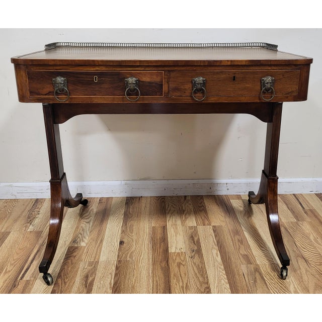 Brown 19th C English Regency Rosewood Leather Top & Bronze Gallery Lady's Writing Desk For Sale - Image 8 of 18