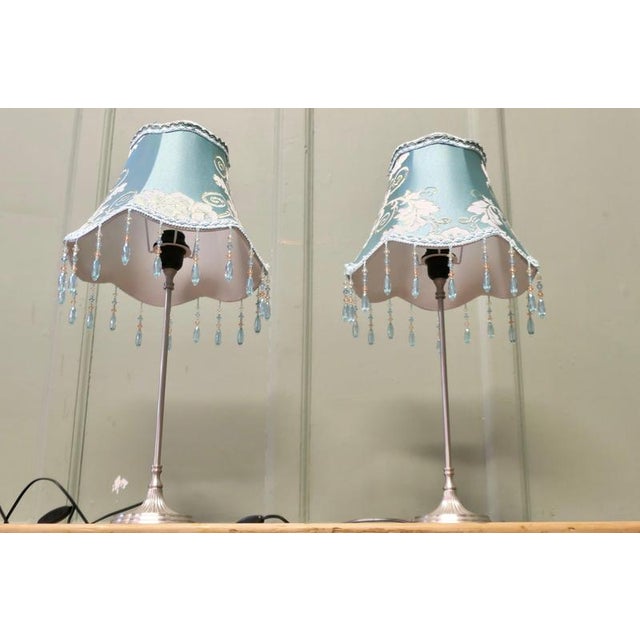 Pair of Tall Chrome Bedside Lamps, Beaded Embroidered Shades This is a lovely pair from France, the lamps have a tall...