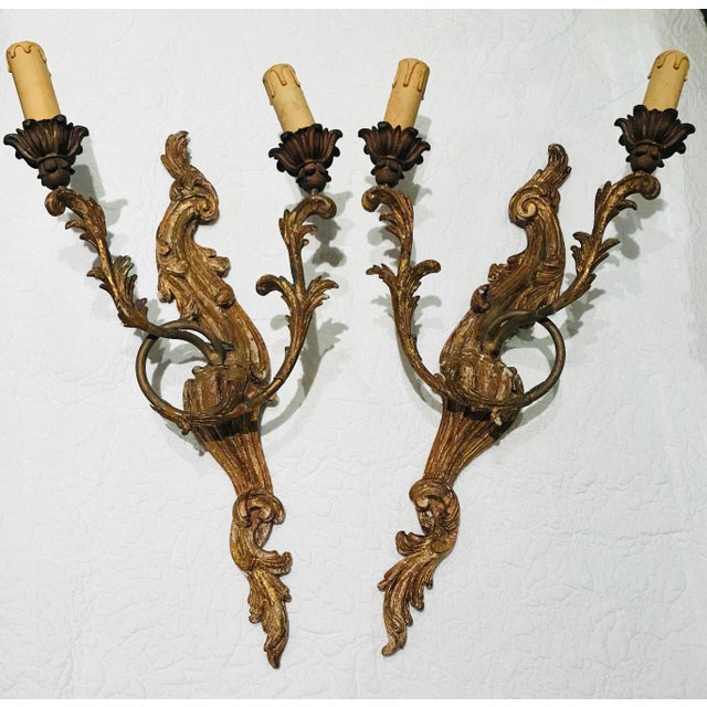Wood Pair of Italian Two Lite Appliques For Sale - Image 7 of 7