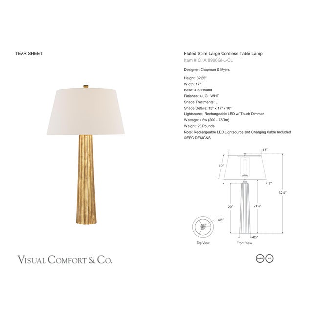 Chapman & Myers by Visual Comfort Signature Fluted Spire Large Cordless Table Lamp in Gilded Iron with Linen Shade...