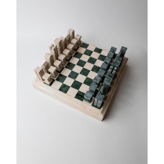 Vintage Marble Chess Set in Green and Beige Stone Chess, 1970s, Set of 33 For Sale - Image 15 of 17