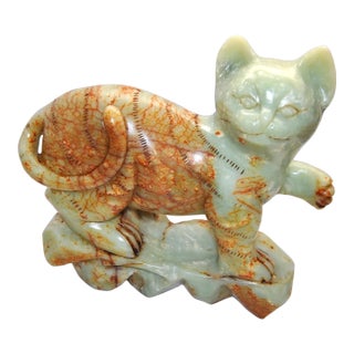 Antique Jade Green Alabaster Cat Sculpture Buddhist Temple For Sale