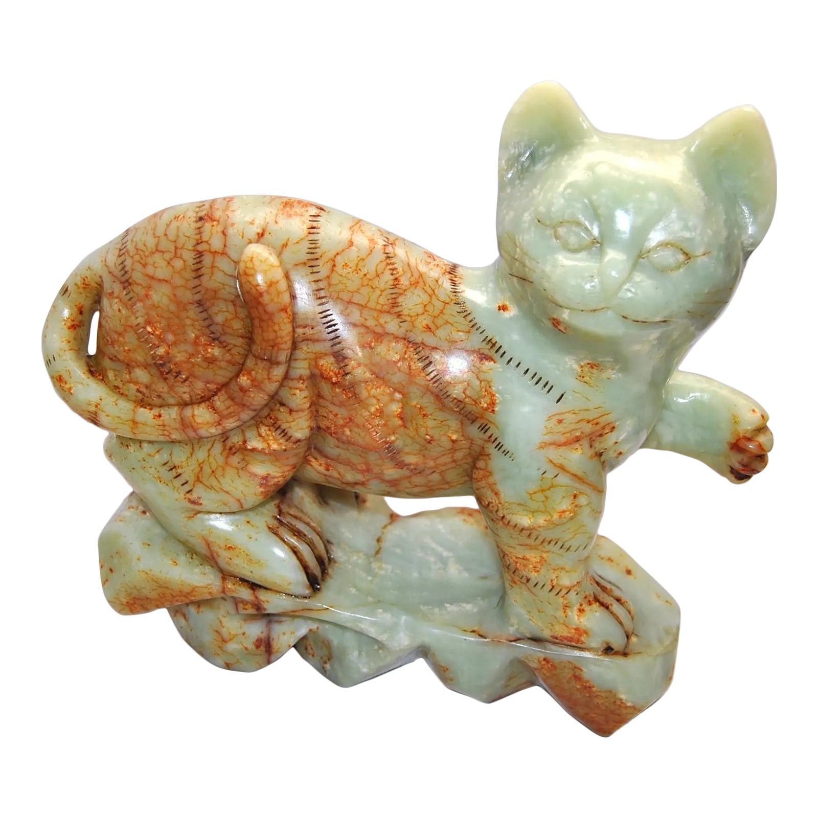 Antique Jade Green Onyx Buddhist Cat Sculpture Maneki-Neko | Chairish