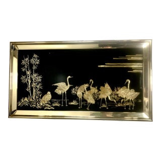 1960s Large Black Glass Chinoiserie Wall Art With Gold Herons For Sale