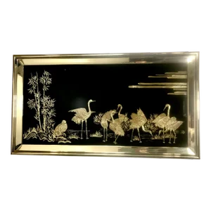 1960s Large Black Glass Chinoiserie Wall Art With Gold Herons