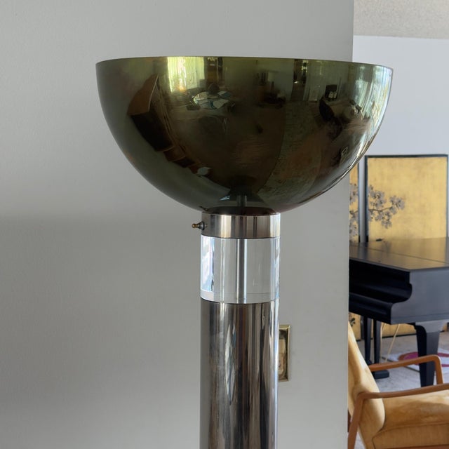 Monumental chrome, brass and lucite Torchiere floor lamp by Karl Springer. Karl Springer (1931–1991) was a famed America...
