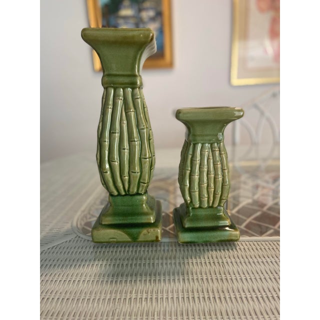Chinoiserie Vintage Faux Bamboo Green Candle Holders - A Pair For Sale - Image 3 of 7