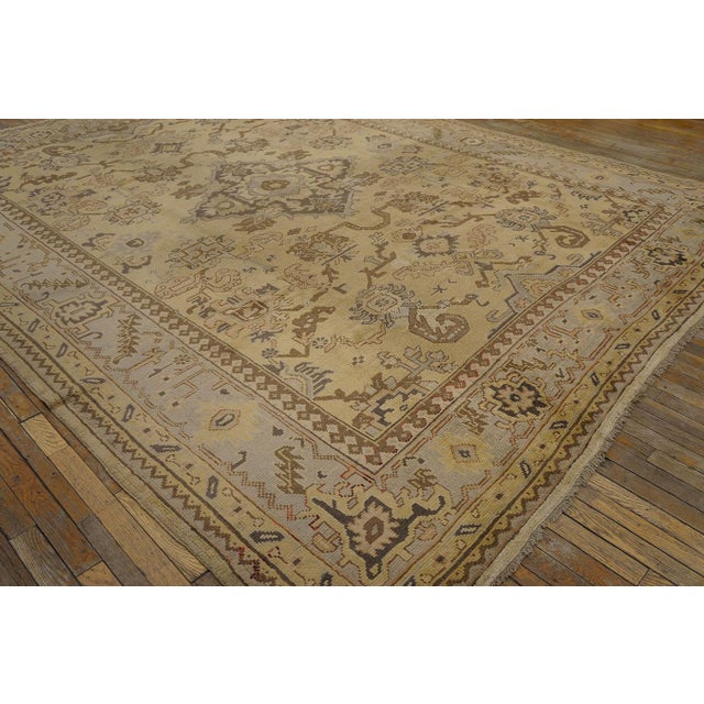 1920s Tan Beige Medallion Antique Turkish Decorative Oushak Rug 9'3" X 11'10" Handknotted Wool Carpet For Sale In New York - Image 6 of 14