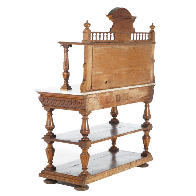 Early 20th Century Early 20th Century Antique Oak Marble Top Server with Mirrored Back Splash & Spindled Rail C1900 For Sale - Image 5 of 11