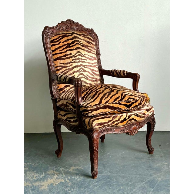 French Provincial Vintage Hand Carved Scalamandre Fauteuil Chair For Sale - Image 3 of 12