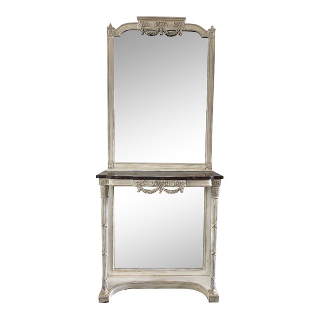French Antique Marble Top Wall Console Table With Mirror - 19th C For Sale