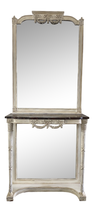 French Antique Marble Top Wall Console Table With Mirror - 19th C