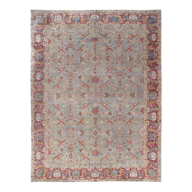 Antique Tabriz Rug, Handmade Oriental Rug in Terracotta, Light Blue, Gold, Green For Sale