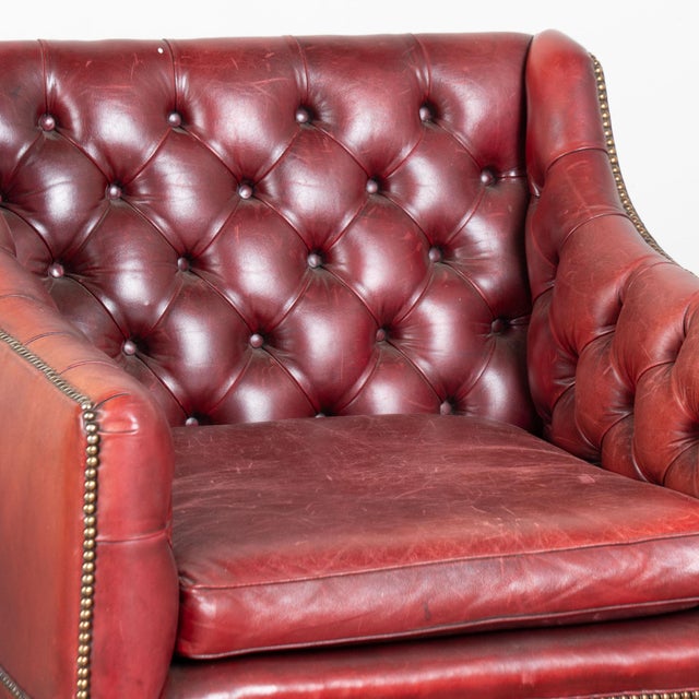 20th Century English Vintage Red Leather Square Club Chair For Sale - Image 4 of 12