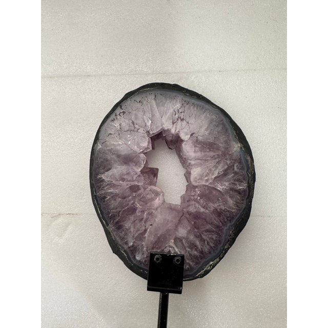 Amethyst 15th Century & Earlier Slice of Natural Amethyst Geode From Brazil on a Custom Black Metal Stand For Sale - Image 8 of 12
