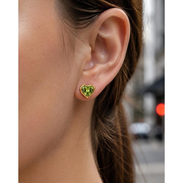 Metal Geometric Heart Peridot Stud Earrings, Silver, Gold, Pair For Sale - Image 7 of 8