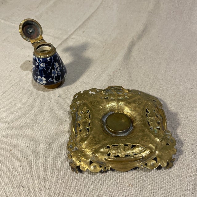 Traditional Late 19th Century English Brass & Porcelain Renaissance Revival Inkwell For Sale - Image 3 of 5