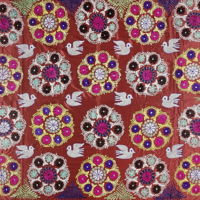 9x10.2 Ft One of a Kind Vintage Silk Embroidery Bed Cover. Red Wall Hanging For Sale In New York - Image 6 of 6