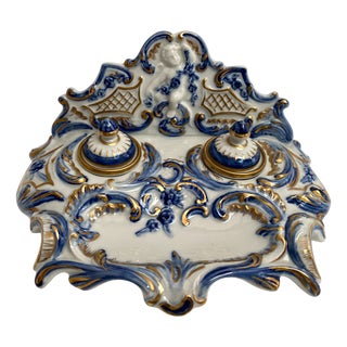 Porcelain Inkwell with Embossed Gold Accents Hand-Painted Desk Decor, France, 1890s For Sale