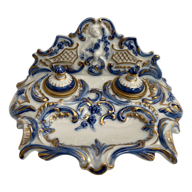 Porcelain Inkwell with Embossed Gold Accents Hand-Painted Desk Decor, France, 1890s For Sale