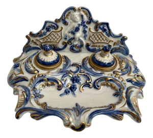Porcelain Inkwell with Embossed Gold Accents Hand-Painted Desk Decor, France, 1890s