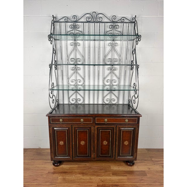 2000 - 2009 Maitland Smith Neoclassical Leather Wrapped Base Ornate Ironwork Baker’s Rack For Sale - Image 5 of 12