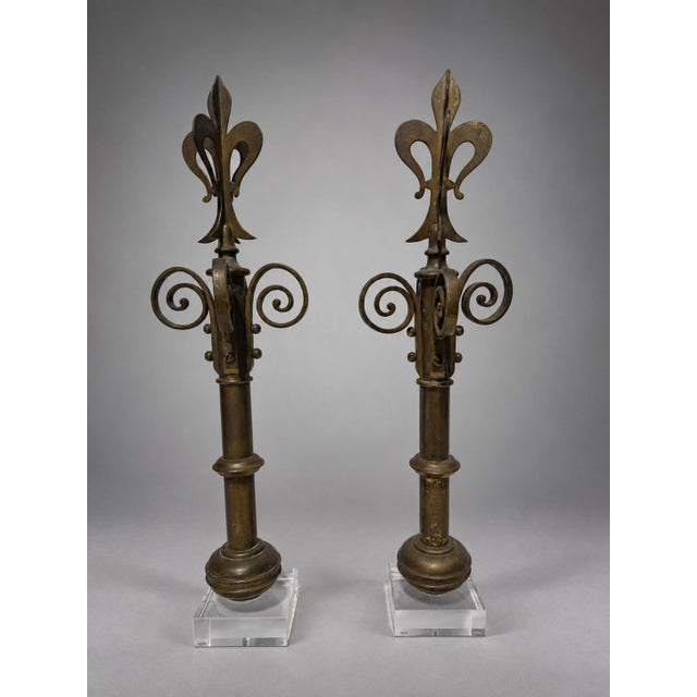 Pair of 19th C, French Brass Fleur-De-Lis Gate Post Finials on Lucite Bases For Sale In Providence - Image 6 of 8