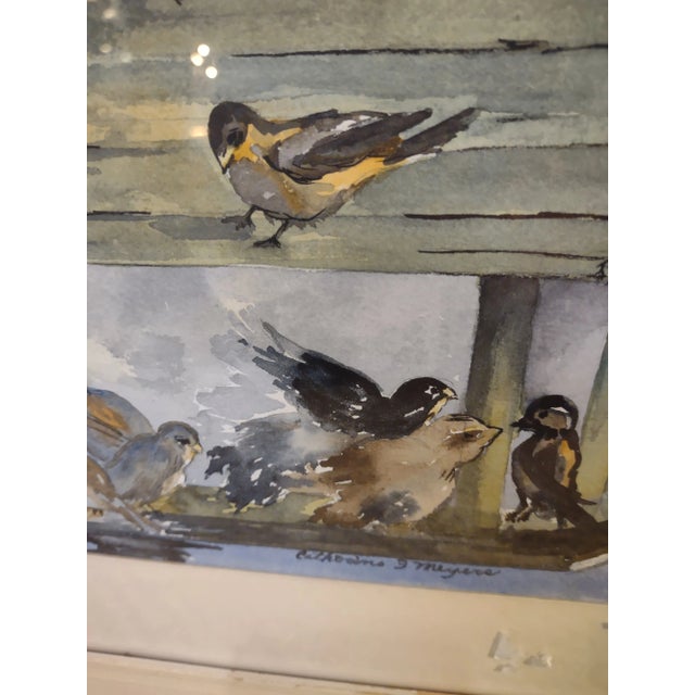 American 1950s Charming Vintage Watercolor of Birds at a Feeder For Sale - Image 3 of 6