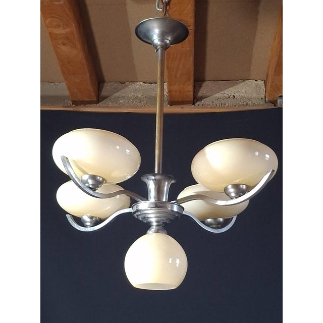 Metal Chrome Metal Chandelier with Five Pale Yellow Opaline Shades, 1950s For Sale - Image 7 of 7